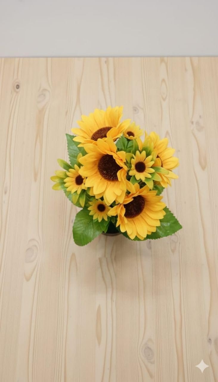Artificial Sunflower Plant in Black Pot, Small Faux Floral Arrangement for Home and Outdoor Decor, Yellow and Green, 5x5x5 cm