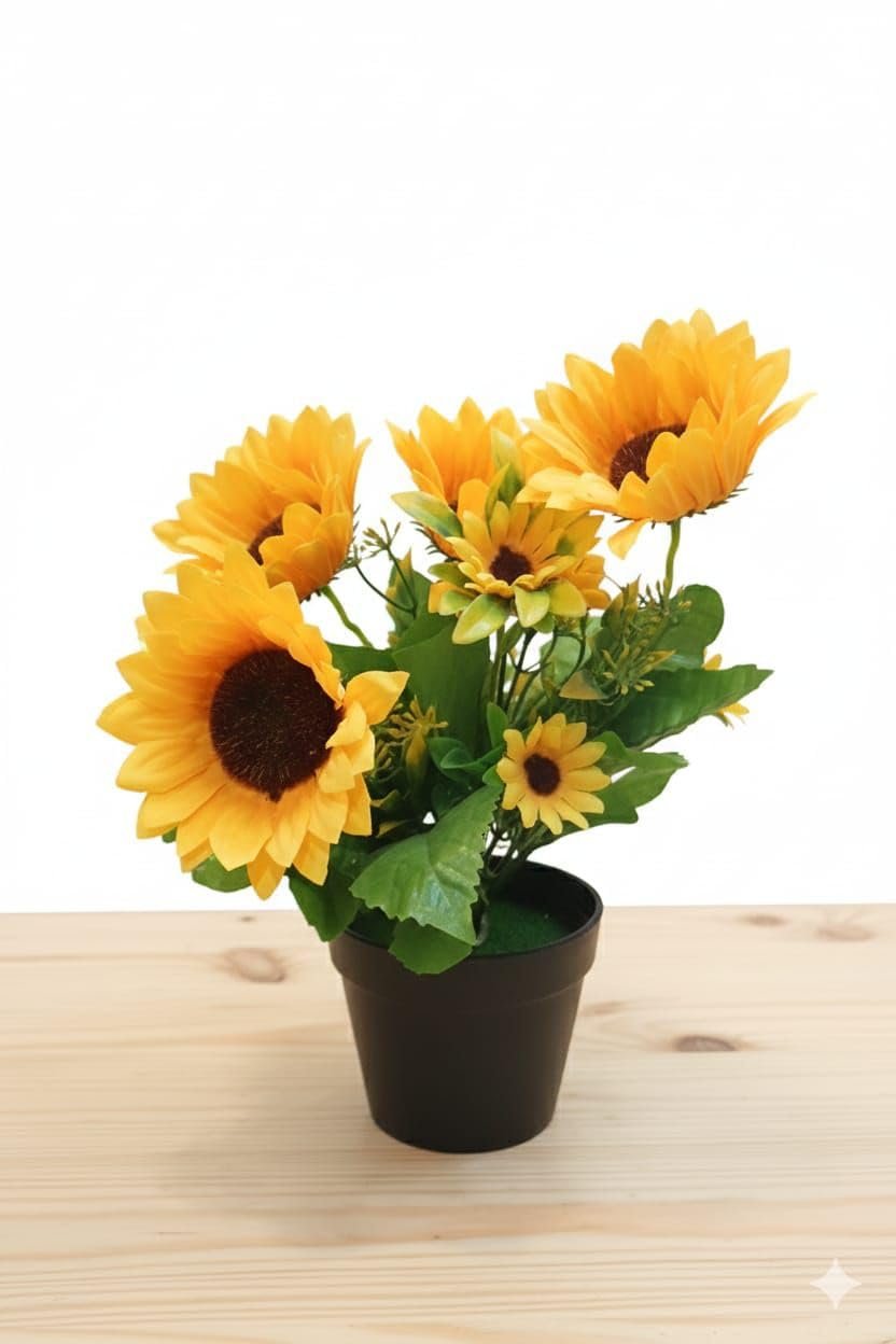 Artificial Sunflower Plant in Black Pot, Small Faux Floral Arrangement for Home and Outdoor Decor, Yellow and Green, 5x5x5 cm - صورة 11