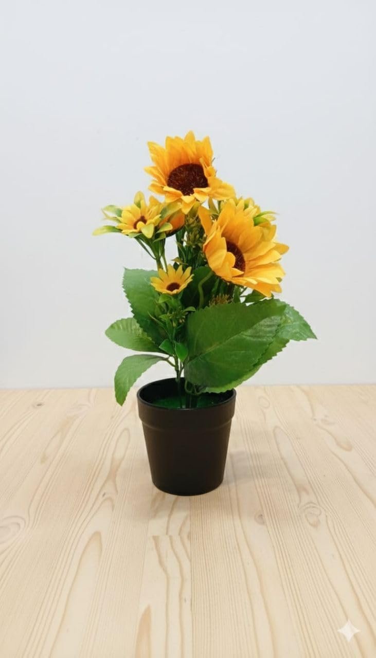 Artificial Sunflower Plant in Black Pot, Small Faux Floral Arrangement for Home and Outdoor Decor, Yellow and Green, 5x5x5 cm - صورة 9