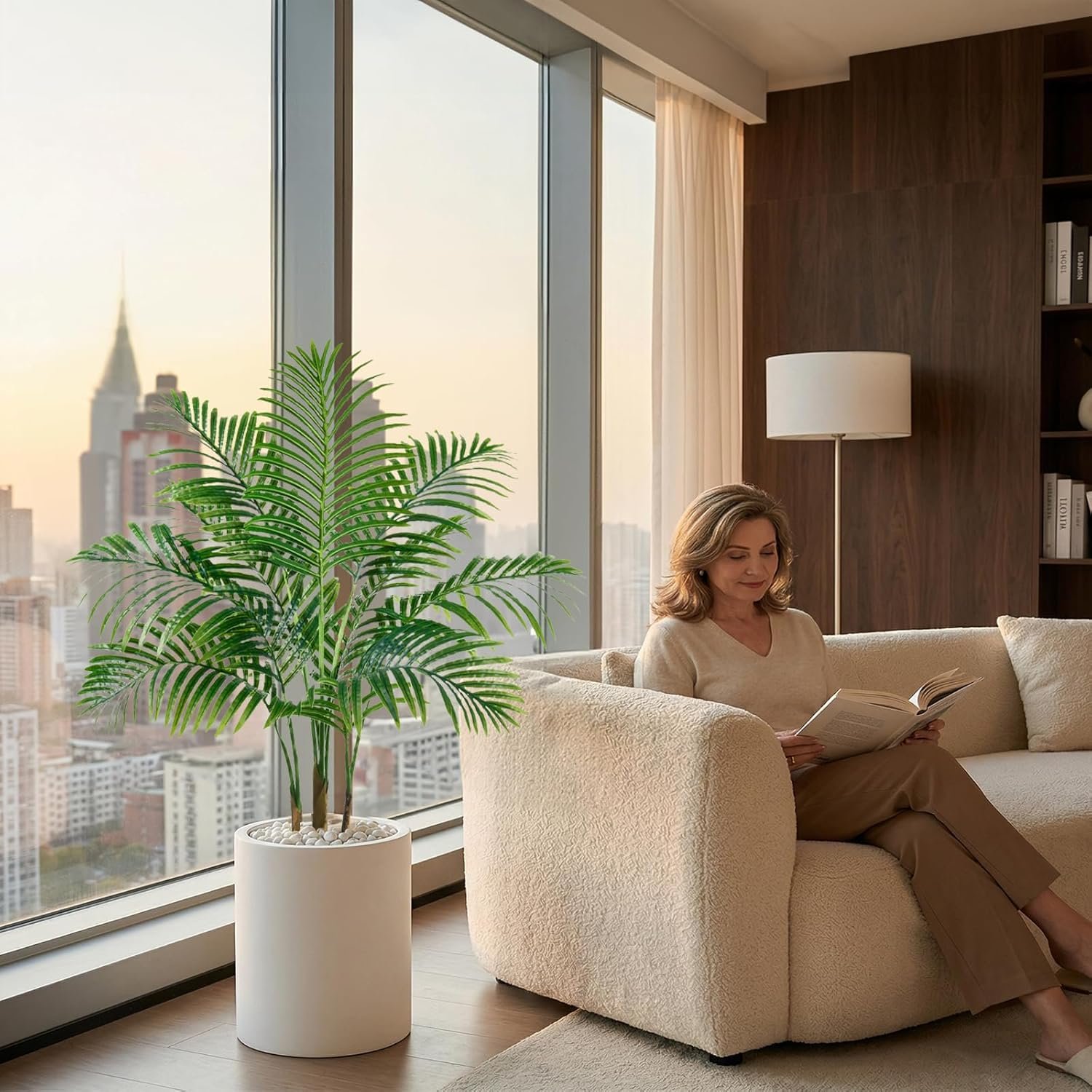 شجرة نخيل اصطناعية بـ 9 جذعًا وتصميم لحاء حقيقي مصنوعة من البوليستر، شجرة نخيل الجنة الاستوائية في أصيص، مجموعة من قطعة واحدة، لون أصيص أسود، طول 1 م - صورة 7