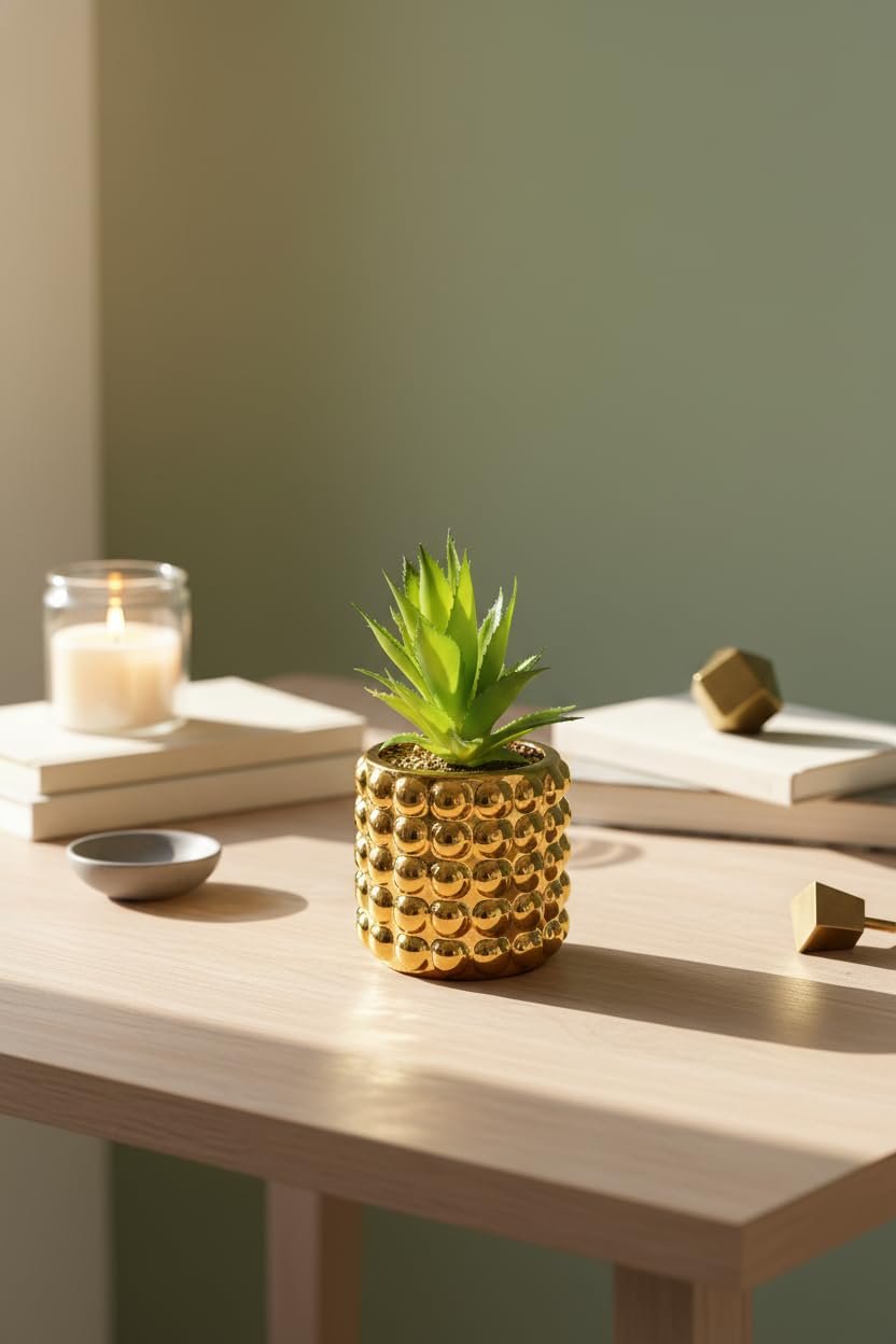 نبات صبار صناعي صغير فاخر في وعاء لامع بتصميم فقاعات – ديكور عصري للمكتب والبيت، شكل واقعي يضيف لمسة جمال للغرفة والرفوف والطاولات (ذهبي 2) - صورة 6