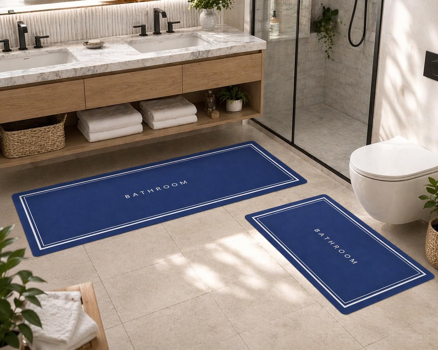 Non-Slip Kitchen & Bathroom Floor Mats Set, Waterproof Anti-Fatigue Rugs for Home Entrance, Bedroom & Sink Area, Soft Washable Mats, 2 Pieces – 120x40 cm and 60x40 cm (Dark Blue) - صورة 2