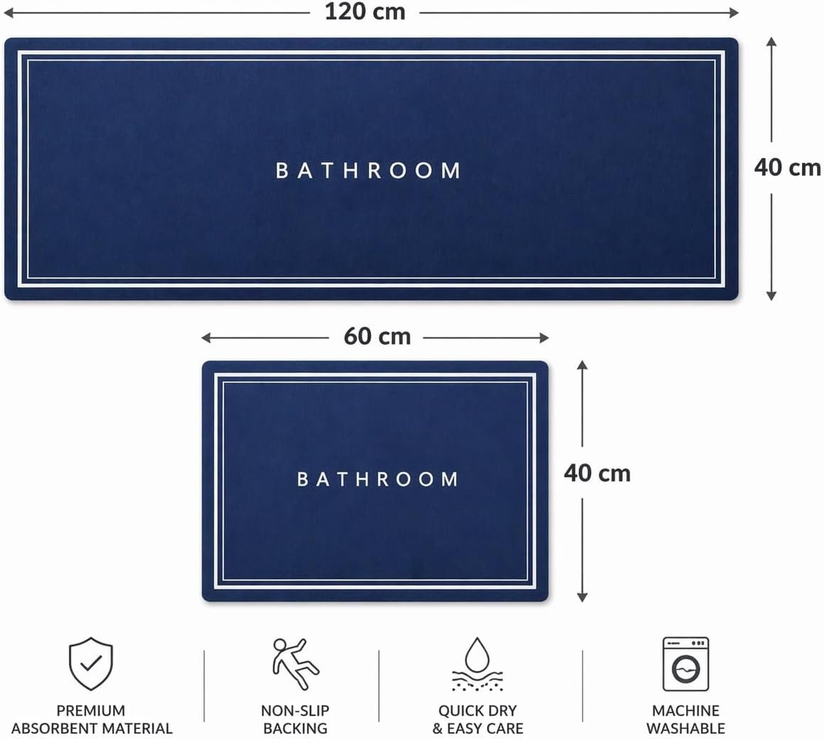 Non-Slip Kitchen & Bathroom Floor Mats Set, Waterproof Anti-Fatigue Rugs for Home Entrance, Bedroom & Sink Area, Soft Washable Mats, 2 Pieces – 120x40 cm and 60x40 cm (Dark Blue) - صورة 3