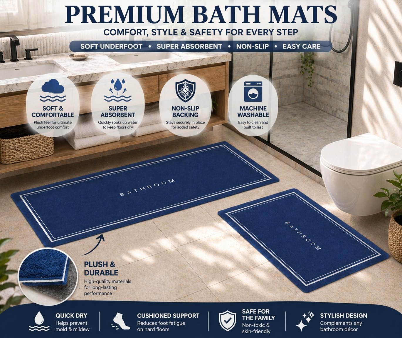 Non-Slip Kitchen & Bathroom Floor Mats Set, Waterproof Anti-Fatigue Rugs for Home Entrance, Bedroom & Sink Area, Soft Washable Mats, 2 Pieces – 120x40 cm and 60x40 cm (Dark Blue) - صورة 4