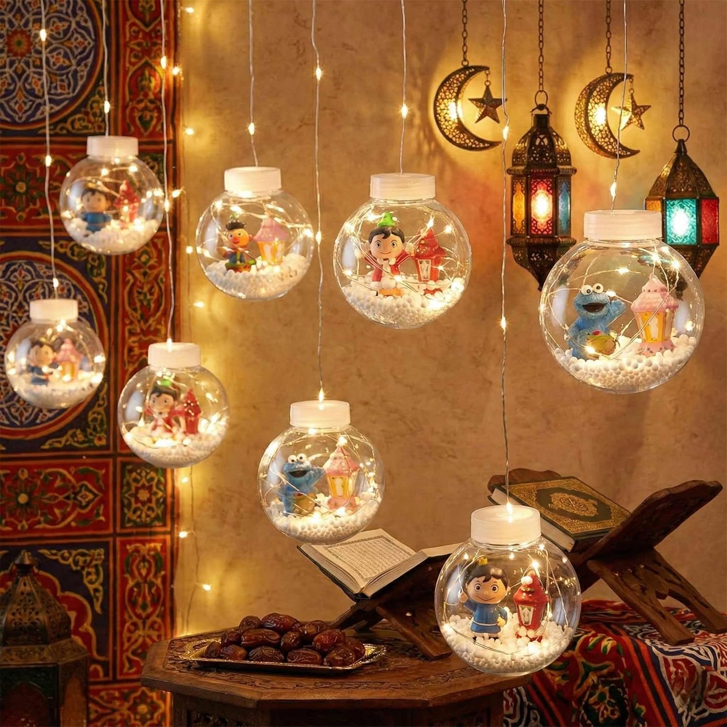 فوانيس رمضان مضيئة بسلسلة تعليق – 10 فوانيس ديكورية بطول 5 متر مع ريموت كنترول و8 أوضاع إضاءة للزينة المنزلية - صورة 5
