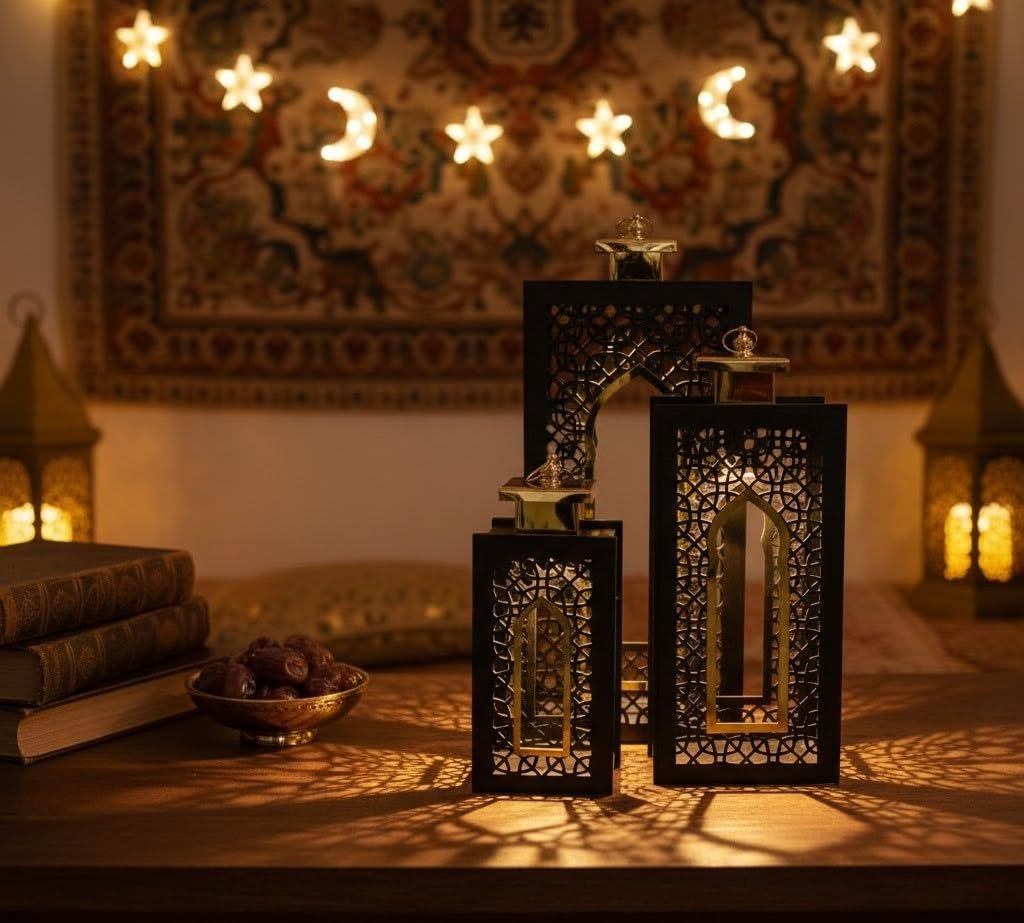 طقم فوانيس رمضانية الأصالة المودرن، 3 قطع، تصميم عصري هندسي، إضاءة ديكورية للمنزل - صورة 4