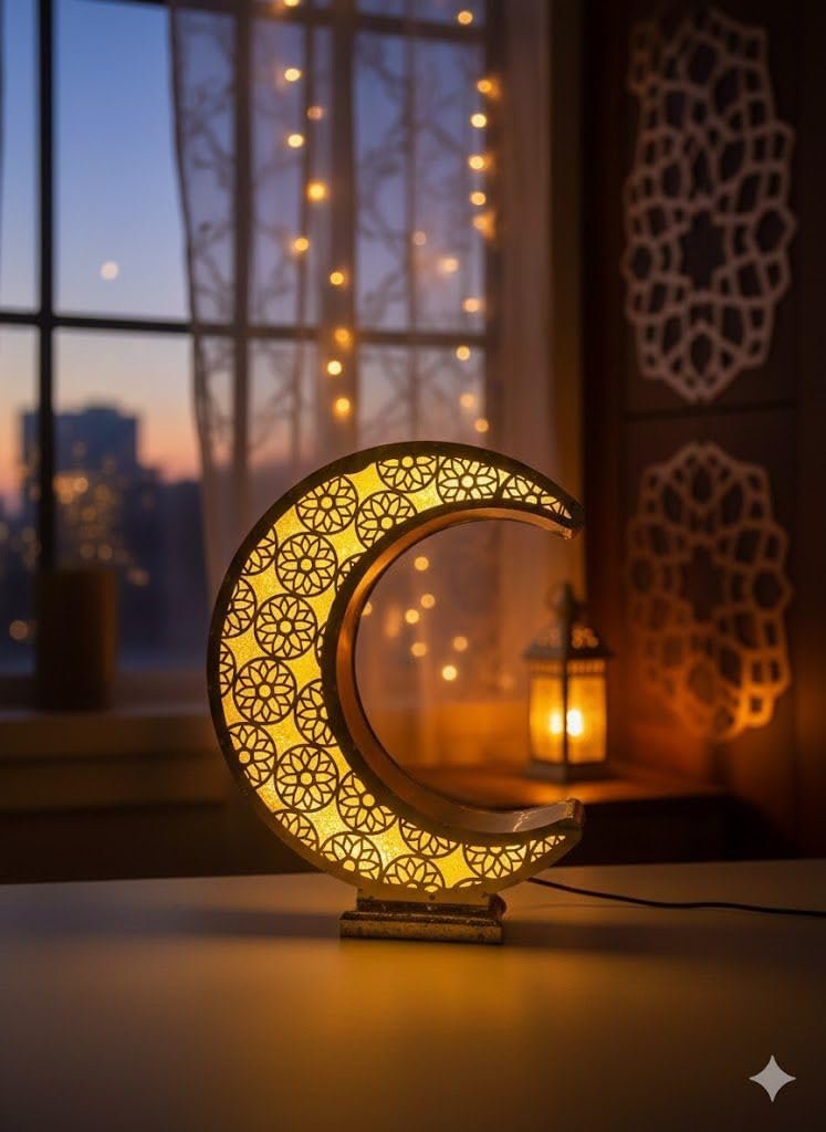 هلال رمضان مضيء بتصميم زخرفي إسلامي، زينة رمضانية بإضاءة LED، ديكور منزلي للأعياد والمناسبات (80 سم) - صورة 6