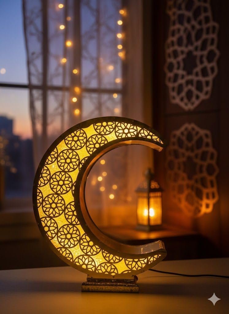 هلال رمضان مضيء بتصميم زخرفي إسلامي، زينة رمضانية بإضاءة LED، ديكور منزلي للأعياد والمناسبات (80 سم) - صورة 7