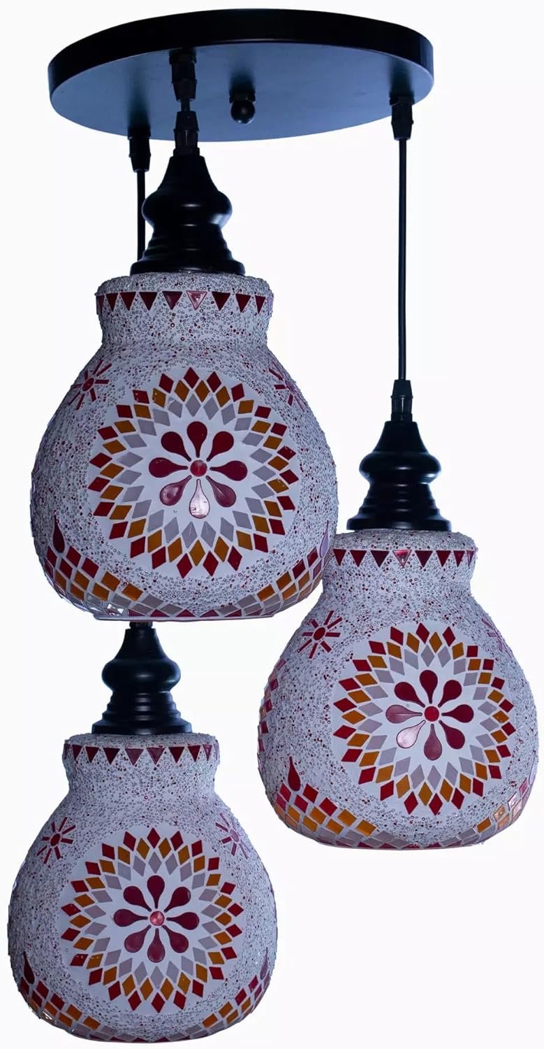 نجفة موزاييك معلقة يدوية الصنع، 3 لمبات E27، تصميم شرائح، لون أحمر مُدرّج، زجاج موزاييك ومعدن، إضاءة ديكورية للسقف - صورة 6