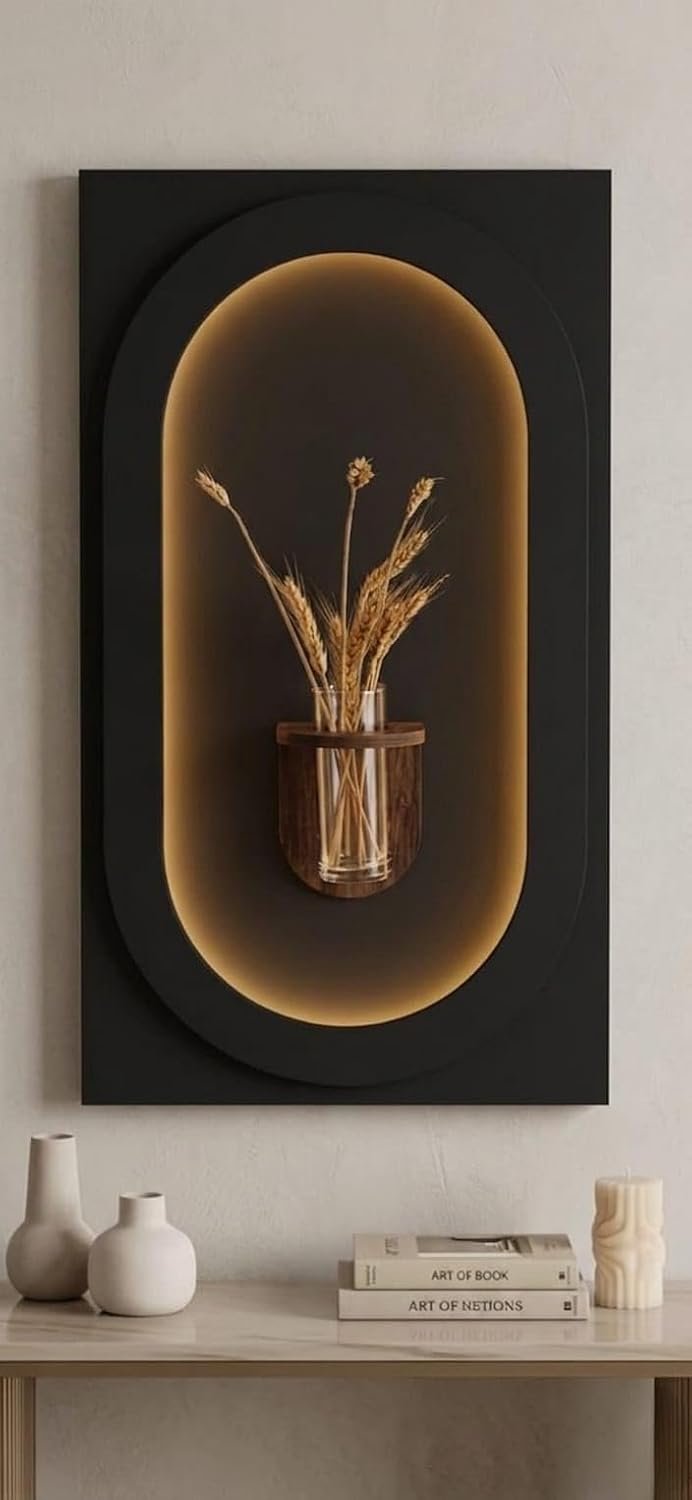 لوحة جدارية ديكورية من MDF، بإضاءة خلفية، تصميم عصري، مقاس 85 × 45 سم، لون أسود مع إضاءة ذهبية - صورة 2