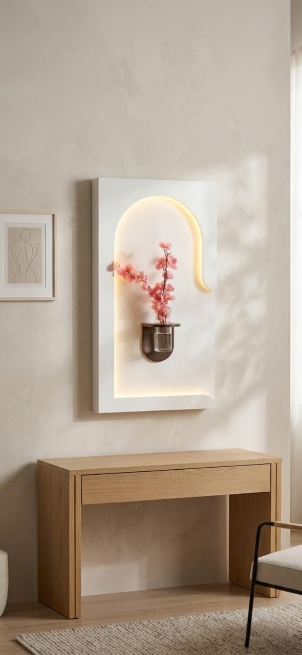لوحة جدارية ديكورية بإضاءة خلفية مع حامل مزهرية، مواد MDF، أبيض، مقاس 45 × 85 سم، تصميم عصري أنيق - صورة 4
