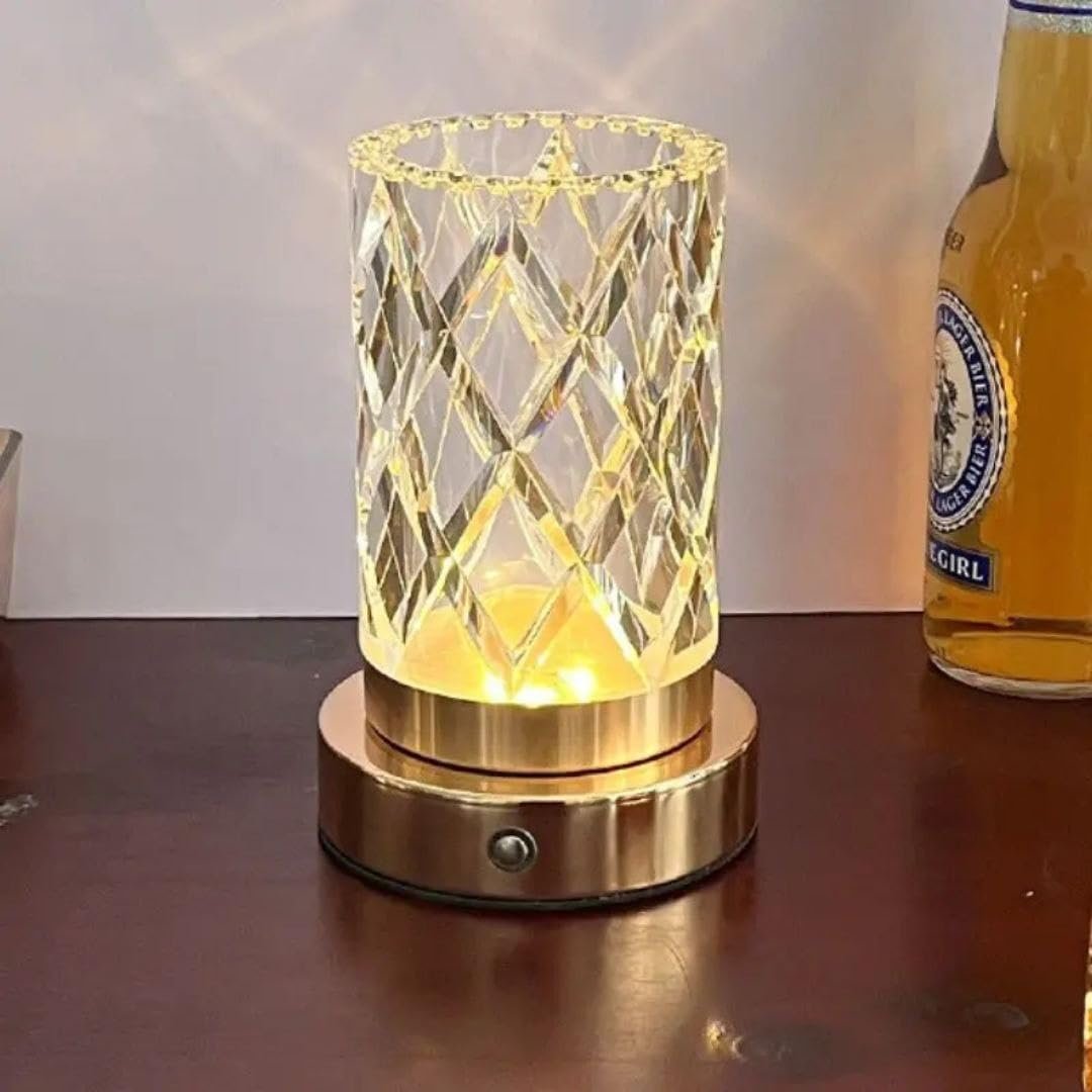 أباجورة كريستال بالشحن واللمس، فازة زجاجية مع إضاءة LED، ثلاثة ألوان إضاءة، قاعدة ذهبية، للديكور المنزلي - صورة 3