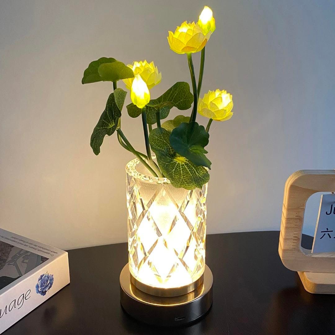 أباجورة كريستال بالشحن واللمس، فازة زجاجية مع إضاءة LED، ثلاثة ألوان إضاءة، قاعدة ذهبية، للديكور المنزلي - صورة 4