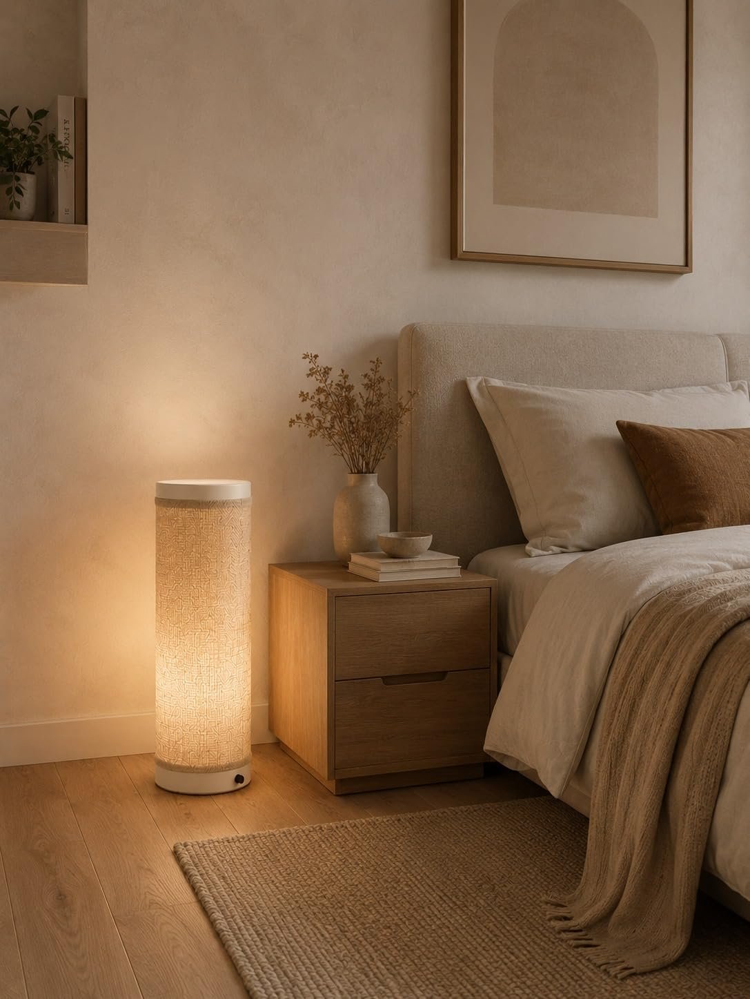 أباجورة مودرن أسطوانية - إضاءة قابلة للتعتيم (Dimmable) - غطاء قماش الخيش منسوج يدوياً - مثالية لغرفة النوم والمعيشة كقطعة ديكور بوهيمية راقية - صورة 8