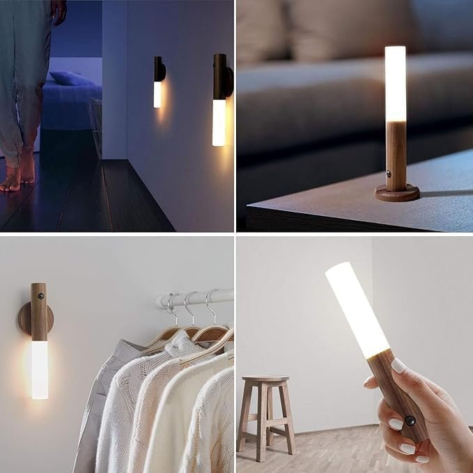 كشاف ليلي LED ذكي بمستشعر حركة، تصميم خشبي أنيق، قابل للشحن عبر USB، إضاءة دافئة، مناسب لغرف النوم والممرات - صورة 4