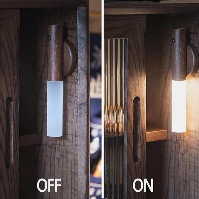 كشاف ليلي LED ذكي بمستشعر حركة، تصميم خشبي أنيق، قابل للشحن عبر USB، إضاءة دافئة، مناسب لغرف النوم والممرات - صورة 5