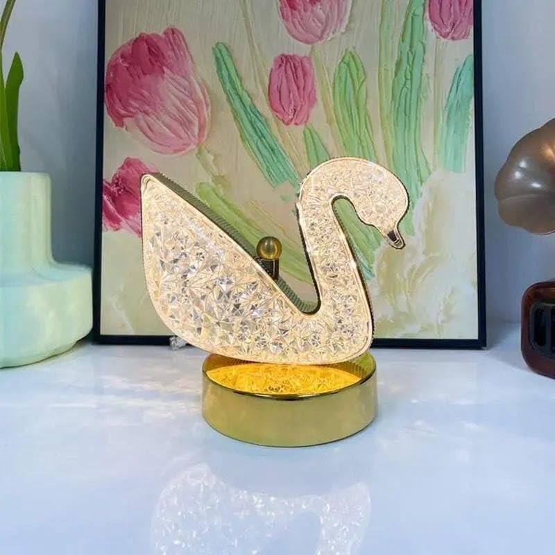 مصباح طاولة ليد كريستال بتصميم ماسي قابل لإعادة الشحن عبر منفذ USB، تحكم باللمس بثلاثة مستويات إضاءة، قاعدة بلون ذهبي، مصباح ليلي ديكوري من عنخ-هوم سابلايز (شكل بجعة) - صورة 9