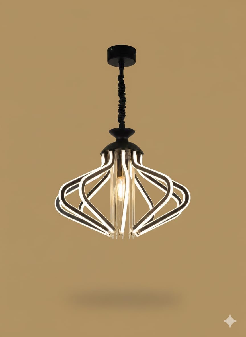 نجفة LED سقفية معلقة، تصميم عصري بإطار معدني أسود، إضاءة دافئة أنيقة للمنزل - صورة 7