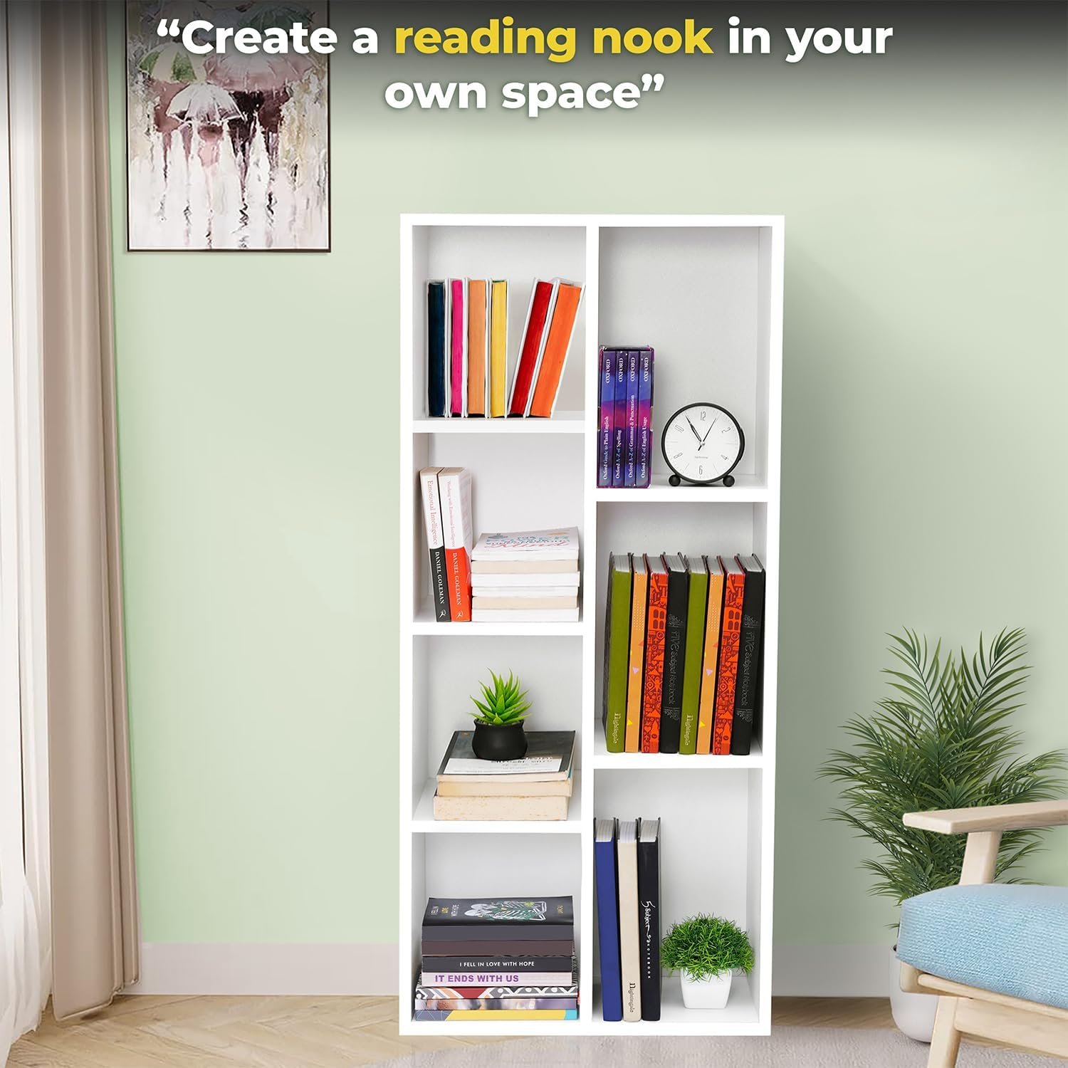 رف كتب من الخشب بتصميم هندسي متعدد الأغراض اباوت سبيس منظم تخزين مفتوح للمنزل والمكتب وغرفة الدراسة النوم المعيشة 7 مكعبات أبيض - الطول 49.5 سم × العرض 24 الارتفاع 1.1 متر - صورة 4