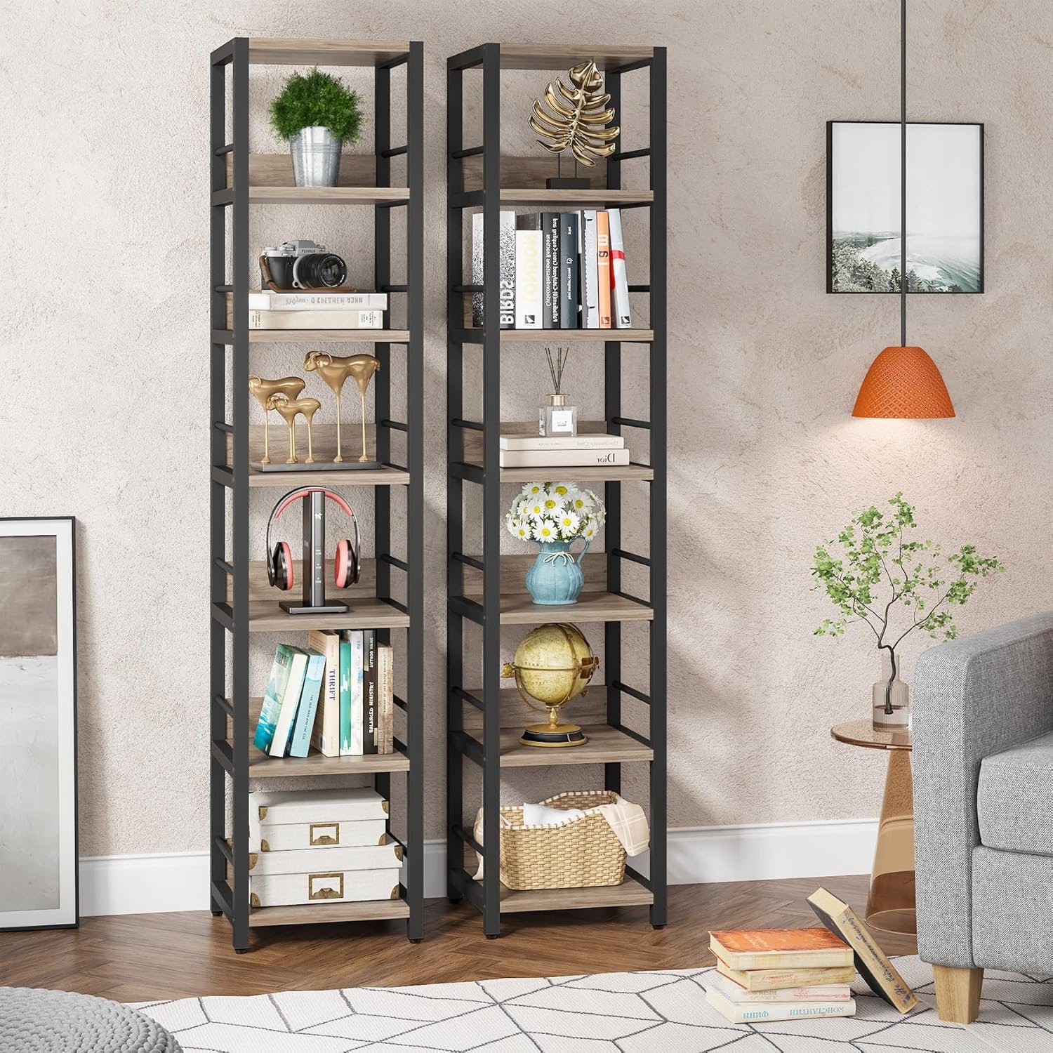 رف زاوية بتصميم ضيق من 6 طبقات، لتخزين الكتب وحامل عرض للمساحات الصغيرة، تصميم ريفي مفتوح مربع لغرفة المعيشة 1.9 م من ترايب ساينز - صورة 11