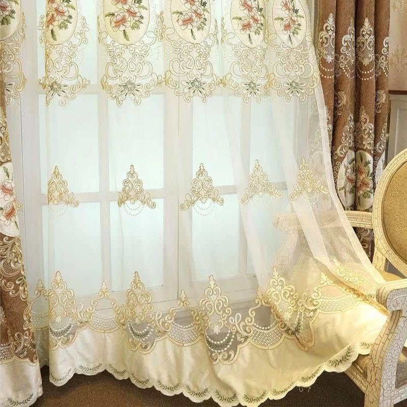 جيني ستارة شبكية شيفون مطرزة بالزهور، تصميم بطبقات بلونين بنمط فيكتوري انيق، 150 × 275 سم، (بيج) - صورة 5