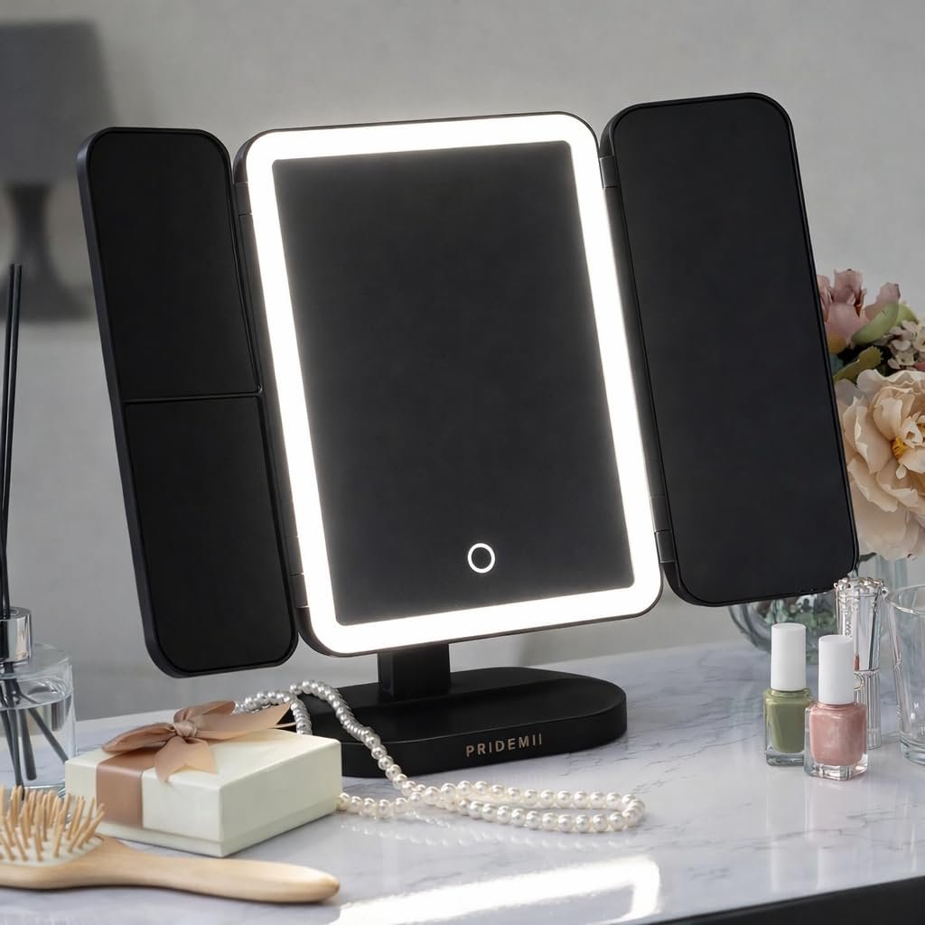 مراة مكياج باضاءة LED، مراة فانيتي ثلاثية الطيات ثلاثية الجوانب، 3 اوضاع اضاءة، مراة سطح المكتب بزاوية قابلة للتعديل، مراة سفر محمولة للنساء والفتيات X-613 (اسود)