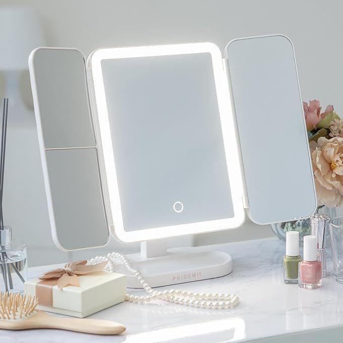 مراة مكياج باضاءة LED، مراة فانيتي ثلاثية الطيات ثلاثية الجوانب، 3 اوضاع اضاءة، مراة سطح المكتب بزاوية قابلة للتعديل، مراة سفر محمولة للنساء والفتيات X-613 (اسود) - صورة 9