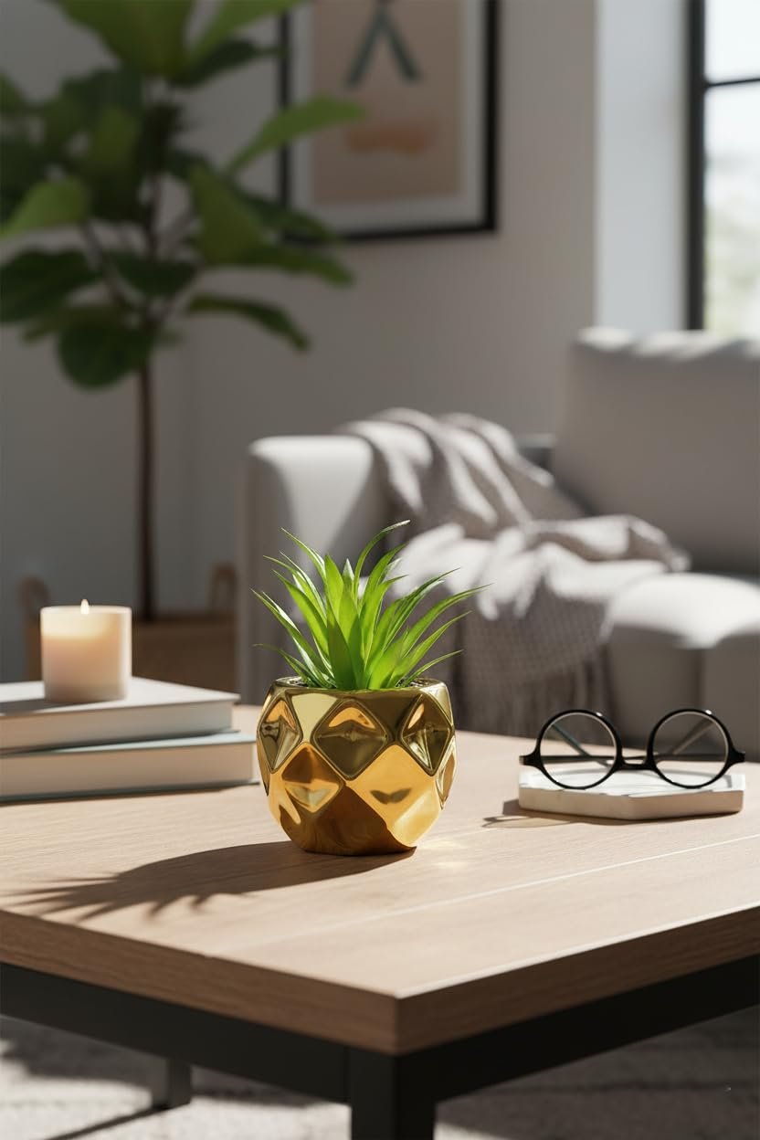 نبات صبار صناعي في أصيص ذهبي، ديكور منزلي مودرن، فازة ذهبية لامعة بتصميم هندسي لتزيين الطاولات والأرفف (شكل 2) - صورة 2