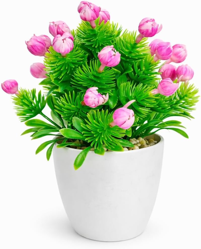نباتات صناعية صغيرة مع أصيص أبيض، ديكور عصري للمنزل والمكتب، زهور صناعية بألوان متعددة لتزيين الطاولات والرفوف والمطبخ (وردي 2) - صورة 4