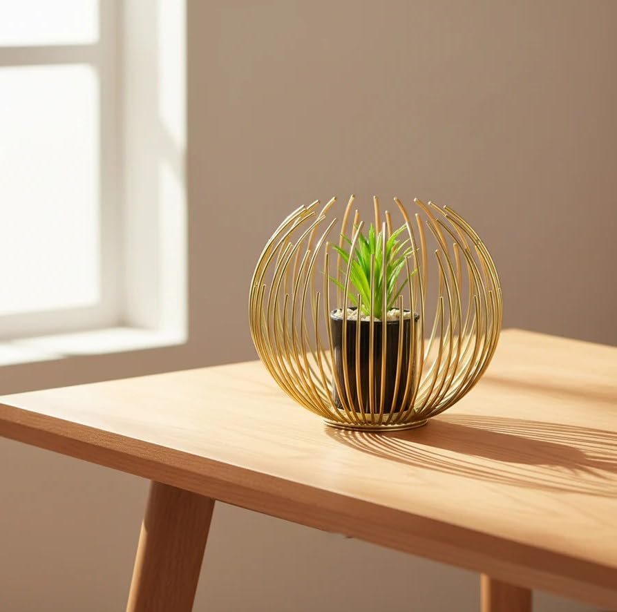 طقم نباتات صناعية بإطار معدني ذهبي بتصميم كروي عصري وأنيق – مجموعة من قطعتين بأحجام مختلفة تضيف لمسة فخامة لديكور المنزل والمكتب والرفوف والطاولات - صورة 7