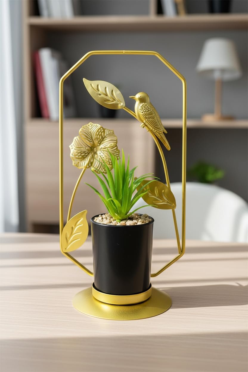 ديكور نبات صناعي مع إطار ذهبي، تصميم طائر وأوراق معدنية، أصيص أسود مع قاعدة ذهبية، زينة منزلية - صورة 2