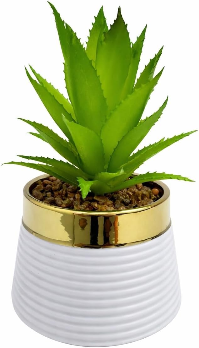 نبات صبار صناعي صغير في أصيص مضلع بحافة ذهبية، نباتات زينة واقعية لديكور المنزل والمكتب والطاولات (أبيض) - صورة 3