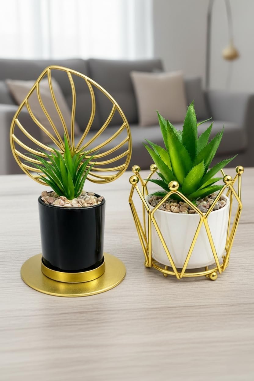 طقم نباتات صناعية قطعتين مع حوامل معدنية ذهبية بتصميم ورقة مفرغة وشكل هندسي، ديكور منزلي عصري للمكتب والرفوف وطاولة القهوة، نباتات زينة واقعية المظهر - صورة 4