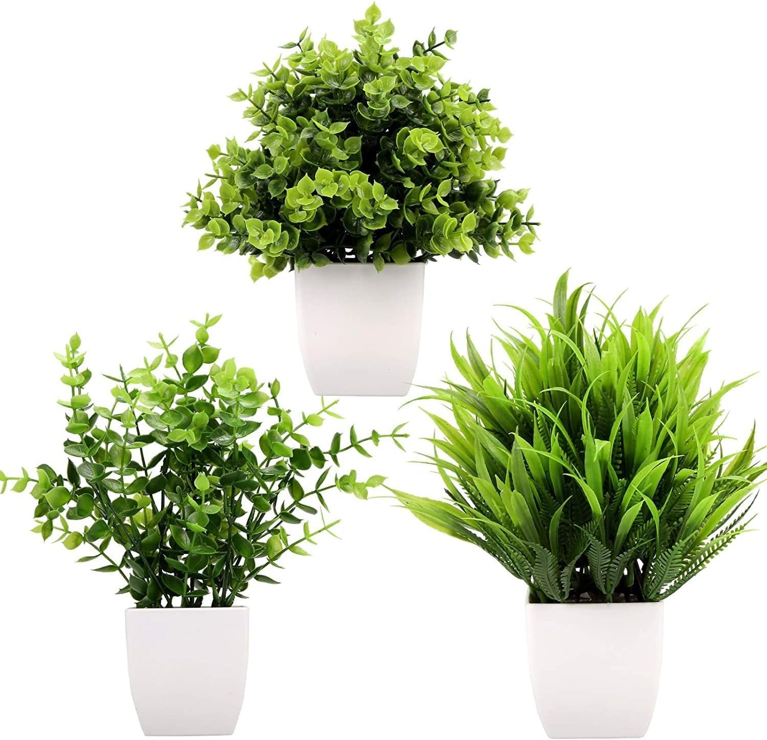 قطع 6 نباتات اصطناعية بوعاء صغير بلاستيكي مزين بأوراق خضراء عشوائيه مع مزهرية للمنزل والمكتب وغرفة ديكور المساحات الخضراء متعدد الألوان - صورة 2