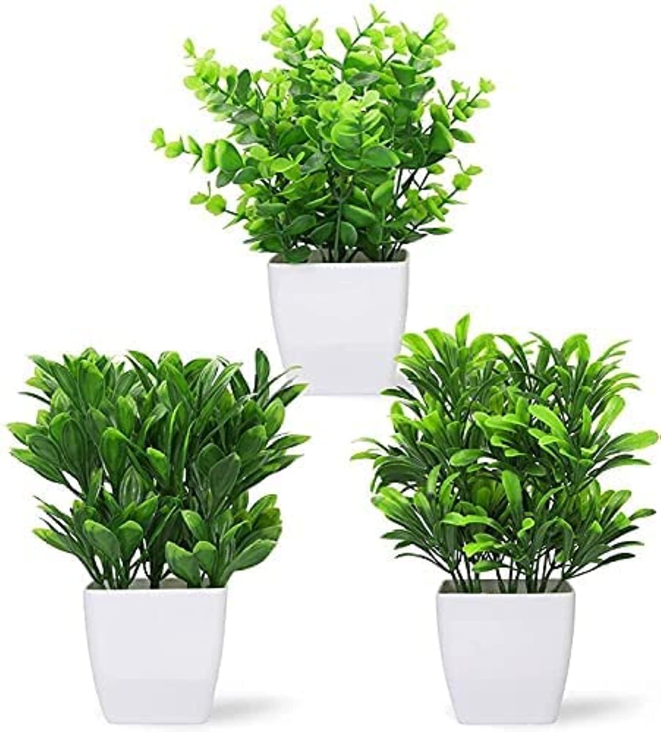 قطع 6 نباتات اصطناعية بوعاء صغير بلاستيكي مزين بأوراق خضراء عشوائيه مع مزهرية للمنزل والمكتب وغرفة ديكور المساحات الخضراء متعدد الألوان - صورة 7