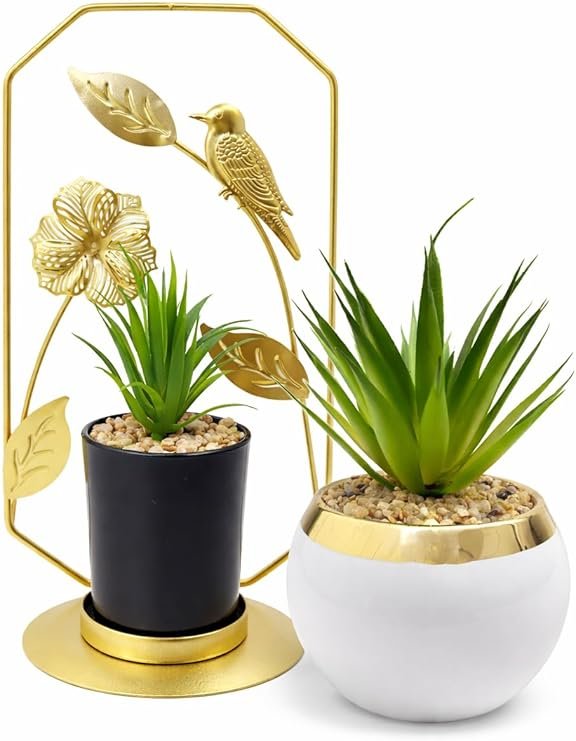 طقم نباتات صناعية صغيرة في أصيص سيراميك (أسود وأبيض) مع حامل معدني ذهبي بتصميم طائر، ديكور منزلي عصري للمكتب والرفوف وغرفة المعيشة، نباتات زينة واقعية - صورة 2
