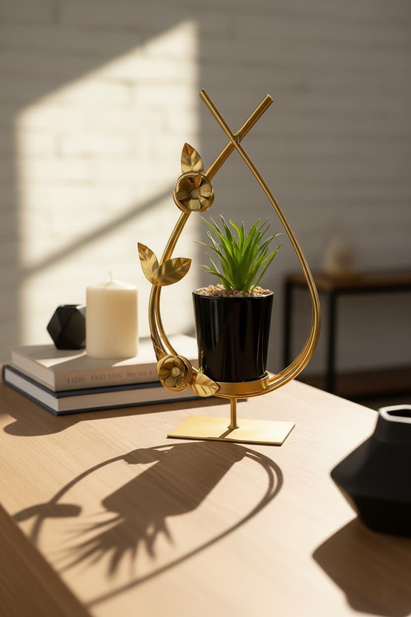 نبات صناعي في أصيص سيراميك أسود مع إطار معدني ذهبي بتصميم أوراق وزهور، ديكور منزلي عصري للمكتب والرفوف وغرفة المعيشة، نبتة اصطناعية واقعية - صورة 5