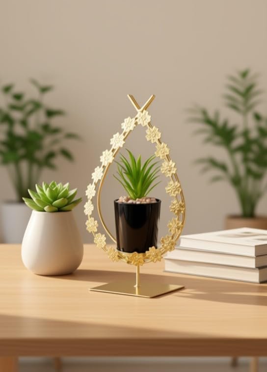 نبات صناعي في وعاء زجاج أسود مع إطار معدني ذهبي بتصميم أوراق زهور، ديكور منزلي عصري فاخر لغرفة المعيشة والمكتب والرفوف والحمام، زرع صناعي صغير مظهر طبيعي للطاولة وزينة للمنزل - صورة 2