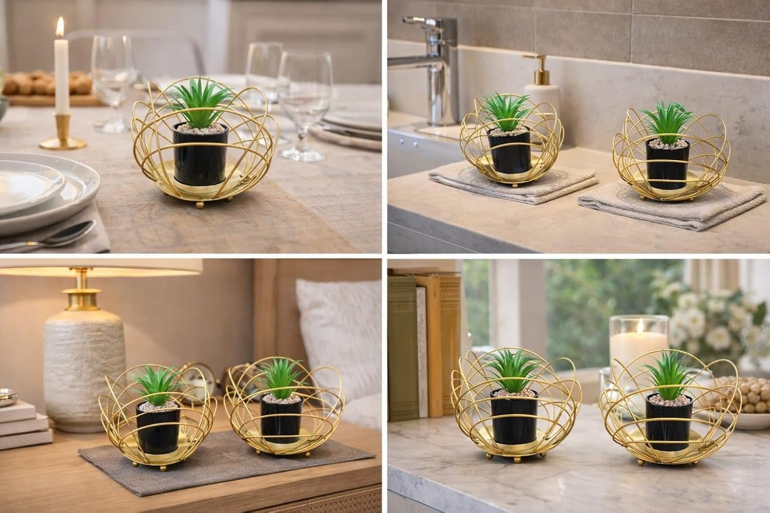 ديكور نبات صناعي مع أصيص داخل حامل معدني ذهبي – طقم 2 قطعة تصميم عصري أنيق لتزيين الطاولة والمطبخ وغرفة المعيشة – نبات زينة صغير ديكور للمنزل والمكتب متعدد الاشكال والالوان - صورة 2