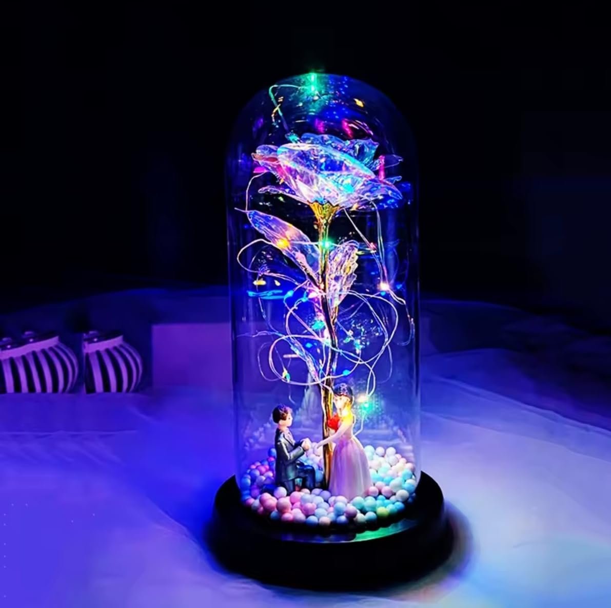 وردة صناعية ملونة بتصميم مجرة من زجاج باضاءة LED تصلح كهدية لعيد الام عيد الحب والذكرى السنوية للزواج واعياد الميلاد ،من سوق كادو، هدايا مناسبة لكل الفتايات (ابيض, اسود) - صورة 2
