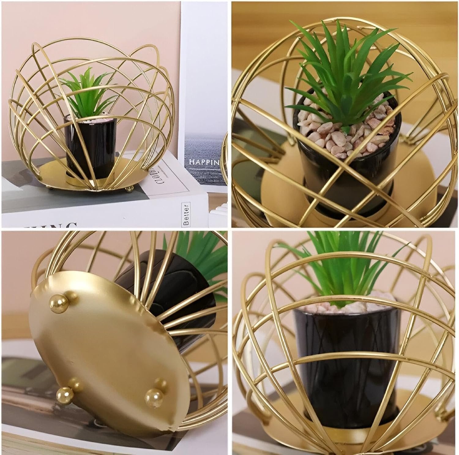 نبات صبار صناعي مع حامل كروي هندسي ذهبي، نبات ديكور عصري للمنزل والمكتب (قطعة واحدة 16 سم) - صورة 6