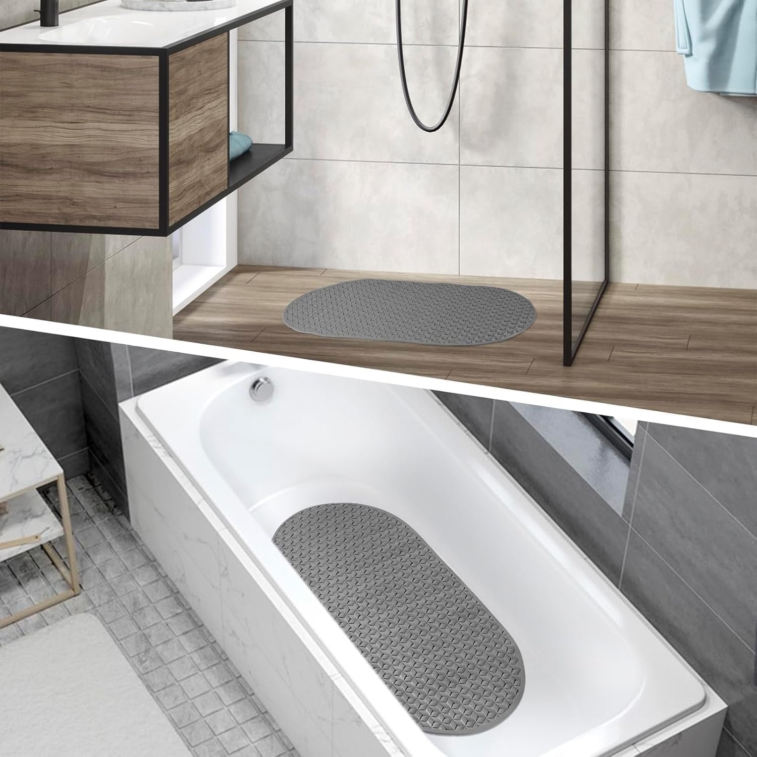 دواسة حمام سيليكون مضادة للانزلاق، رمادي، تصميم بيضاوي مع أكواب شفط، تصريف سريع للماء، ملمس مريح للقدمين من دولار لإستيراد الادوات المنزلية - صورة 3