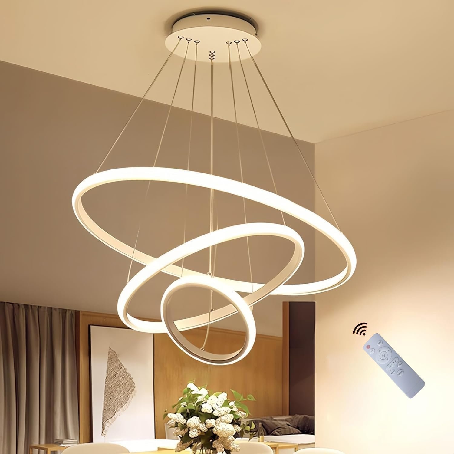 وحدة إنارة حلقات ليد سقفية باللون الأسود لغرفة المعيشة و الطعام مصنوعة من المعدن مع ريموت كنترول - صورة 5