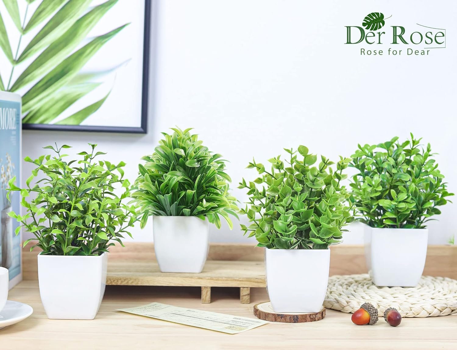 نباتات صناعية صغيرة بمزهريات لغرفة النوم وغرفة المعيشة والديكور، 6 قطع من دير روز، أخضر - صورة 3