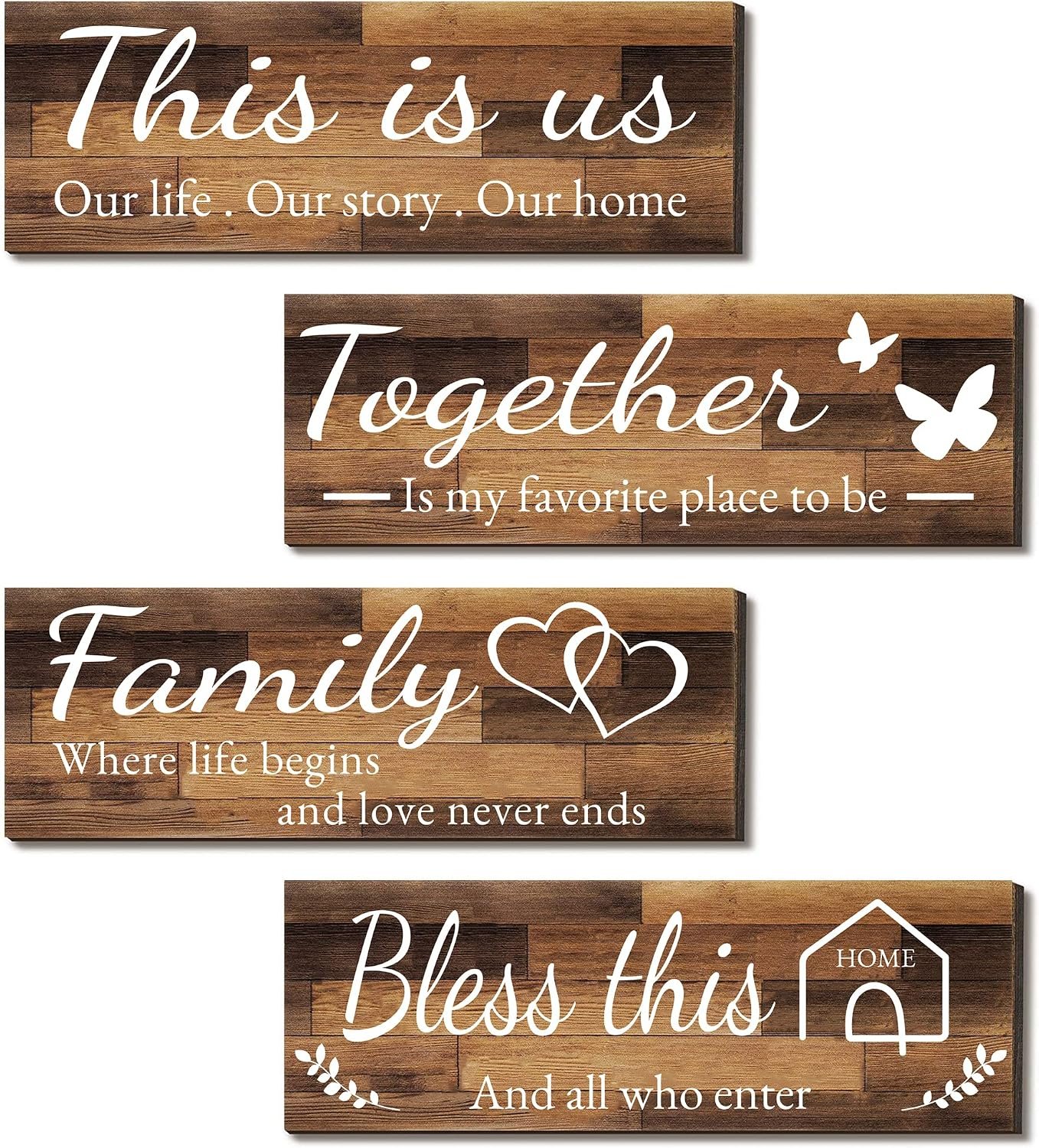 لافتات حائط منزلية مصنوعة من الخشب، مطبوعة باقتباسات THIS IS US/TOGETHER/BLESS THIS HOME/FAMILY، لغرفة المعيشة والنوم، لافتة لبيت المزرعة، مقاس 11.93 سم × 35.05 سم (بني)، 4 قطع