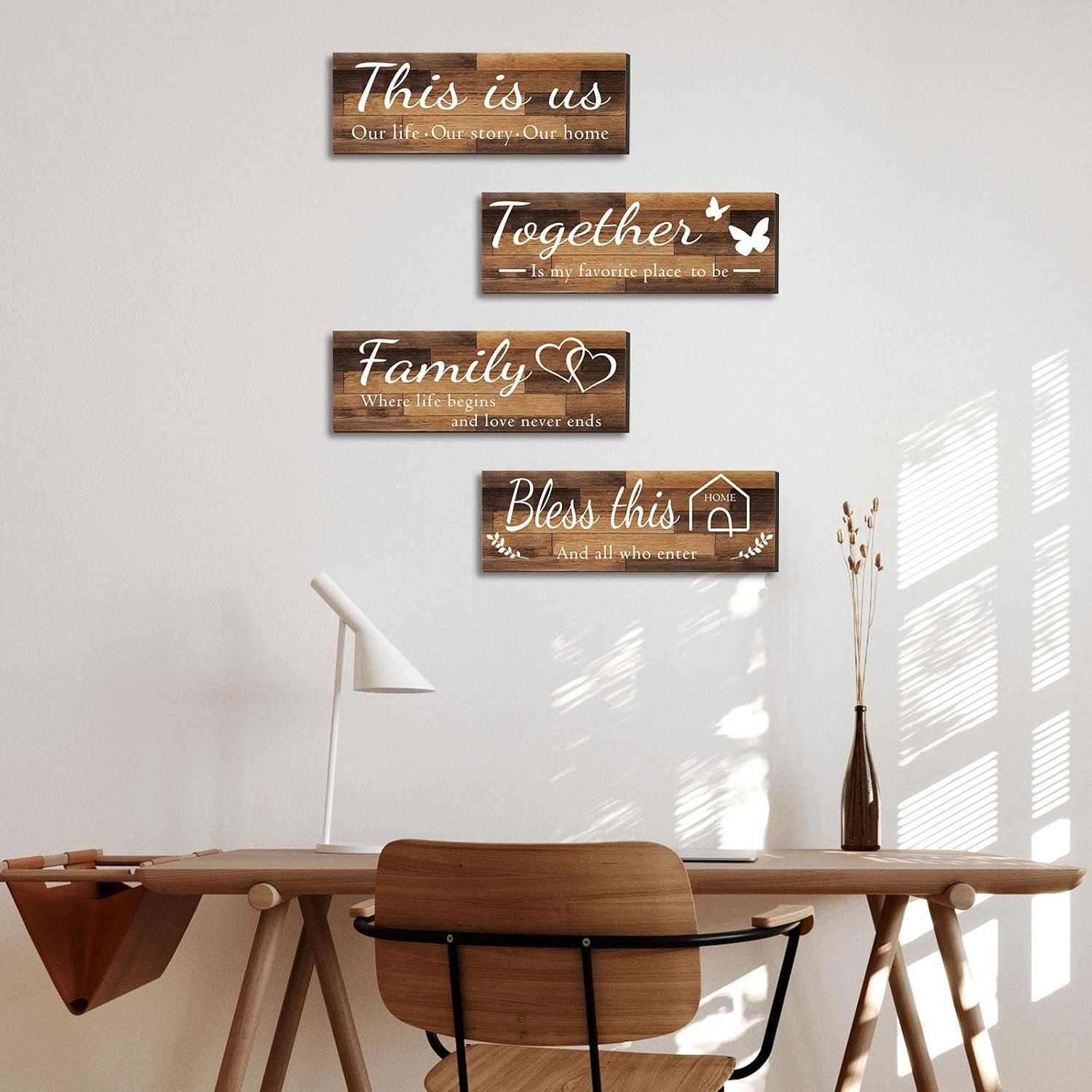 لافتات حائط منزلية مصنوعة من الخشب، مطبوعة باقتباسات THIS IS US/TOGETHER/BLESS THIS HOME/FAMILY، لغرفة المعيشة والنوم، لافتة لبيت المزرعة، مقاس 11.93 سم × 35.05 سم (بني)، 4 قطع - صورة 7