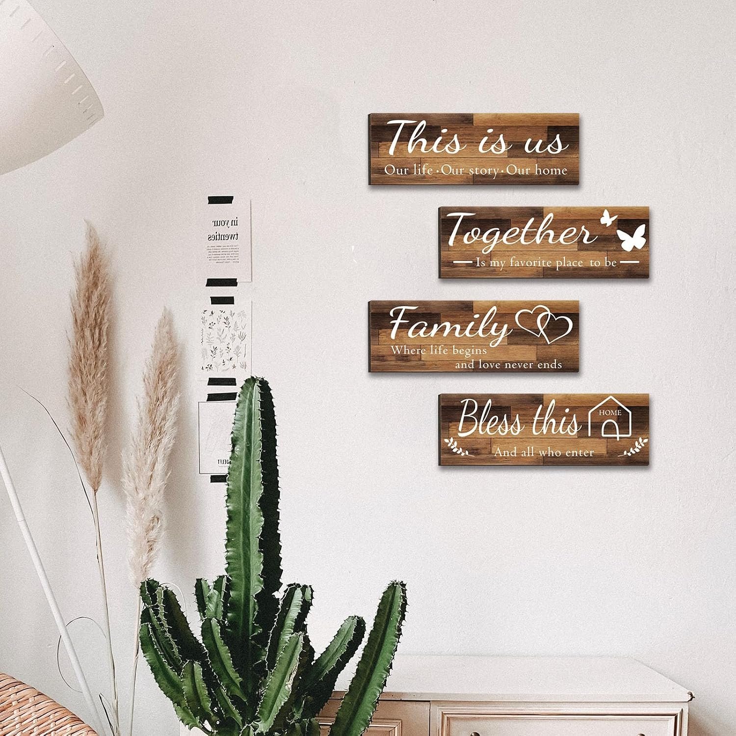لافتات حائط منزلية مصنوعة من الخشب، مطبوعة باقتباسات THIS IS US/TOGETHER/BLESS THIS HOME/FAMILY، لغرفة المعيشة والنوم، لافتة لبيت المزرعة، مقاس 11.93 سم × 35.05 سم (بني)، 4 قطع - صورة 8