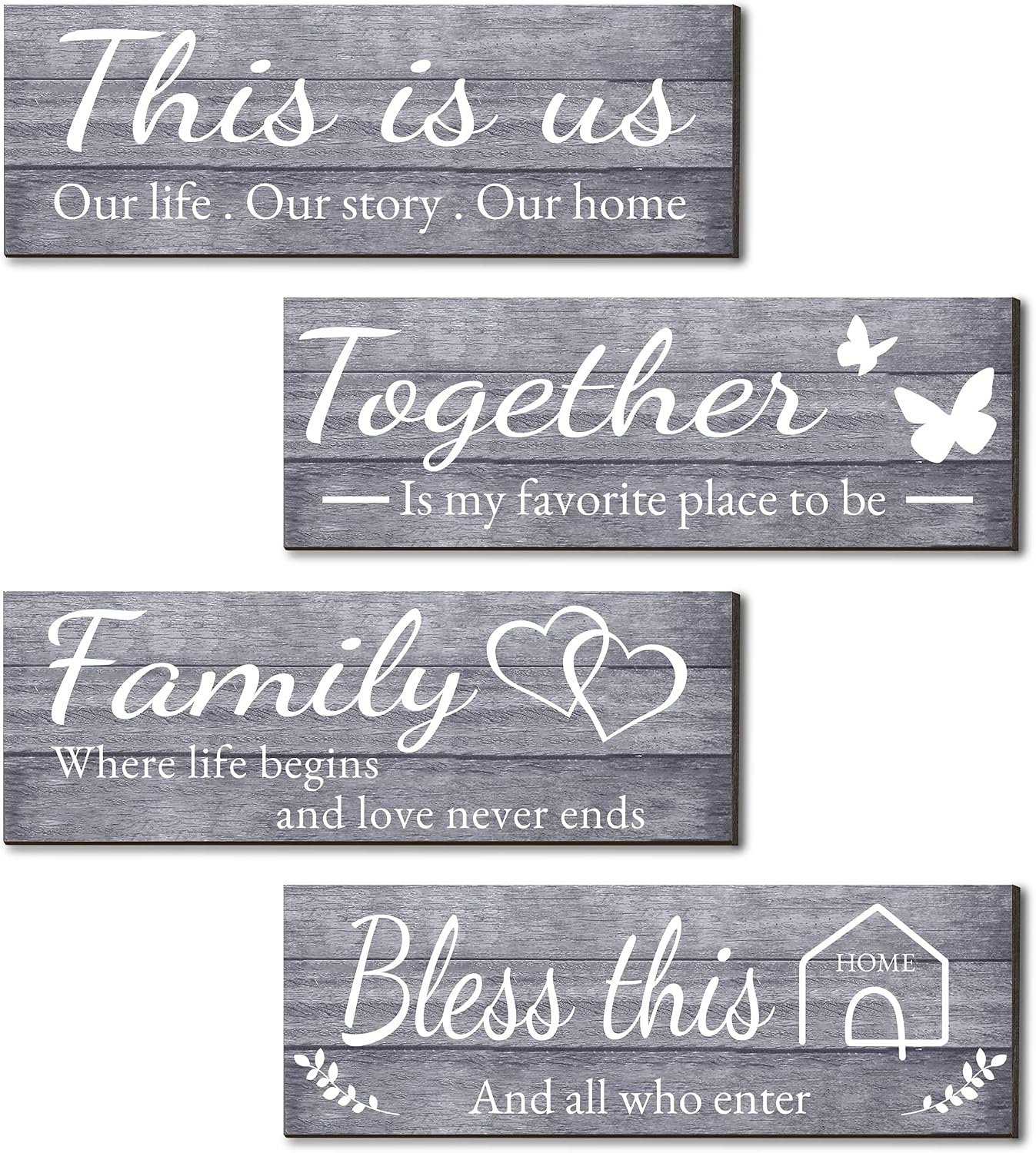 لافتات حائط منزلية مصنوعة من الخشب، مطبوعة باقتباسات THIS IS US/TOGETHER/BLESS THIS HOME/FAMILY، لغرفة المعيشة والنوم، لافتة لبيت المزرعة، مقاس 11.93 سم × 35.05 سم (بني)، 4 قطع - صورة 10