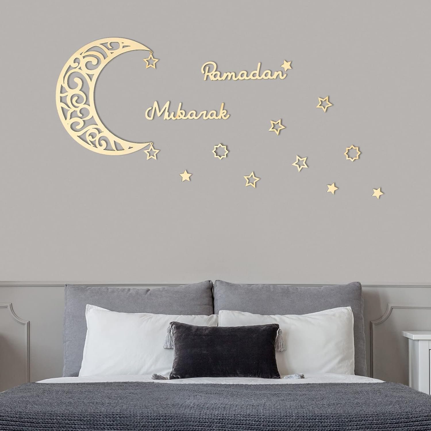 ديكور حائط خشبي بتصميم هلال ونجوم لديكور رمضان والعيد مع عبارة «Ramadan Mubarak» من ياليكوب، 15 قطعة، ديكور منزلي للوازم حفلات رمضان (تصميم خشبي)