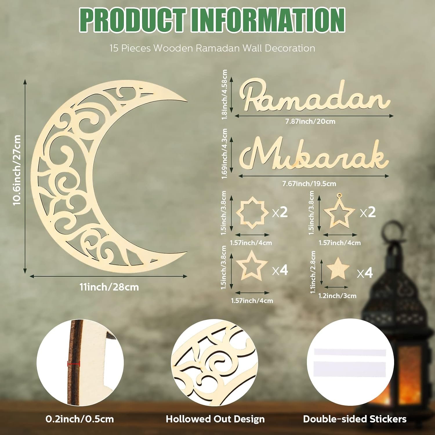 ديكور حائط خشبي بتصميم هلال ونجوم لديكور رمضان والعيد مع عبارة «Ramadan Mubarak» من ياليكوب، 15 قطعة، ديكور منزلي للوازم حفلات رمضان (تصميم خشبي) - صورة 2